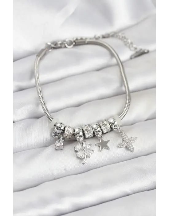 Gümüş Renk Çelik Yonca Charmlı Kadın Bileklik