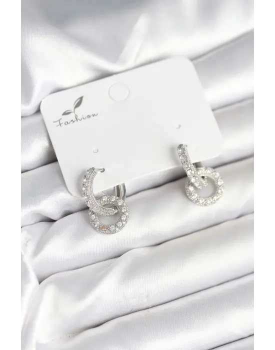 Gümüş Renk Pirinç Zirkon Taşlı Halka Model Kadın Küpe