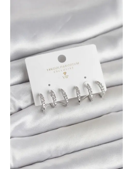 Gümüş Renk Pirinç Zirkon Taşlı Kadın Küpe