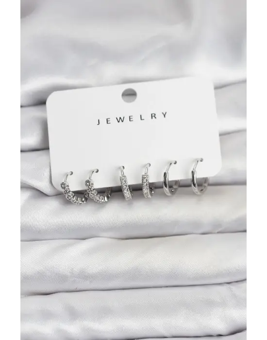 Gümüş Renk Pirinç Zirkon Taşlı Kadın Küpe Seti Halka