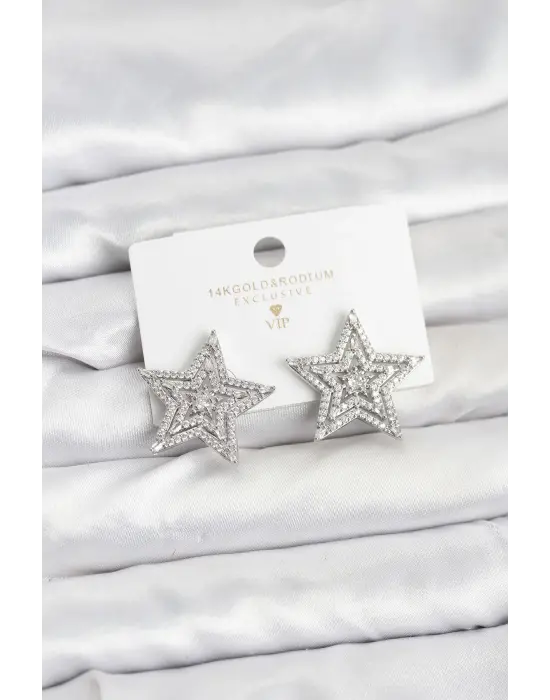 Gümüş Renk Pirinç Zirkon Taşlı Yıldız Model Kadın Küpe