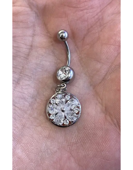 Gümüş Renk Taşlı Çiçek Sallantılı Cerrahi Çelik Göbek Piercing (Belly)