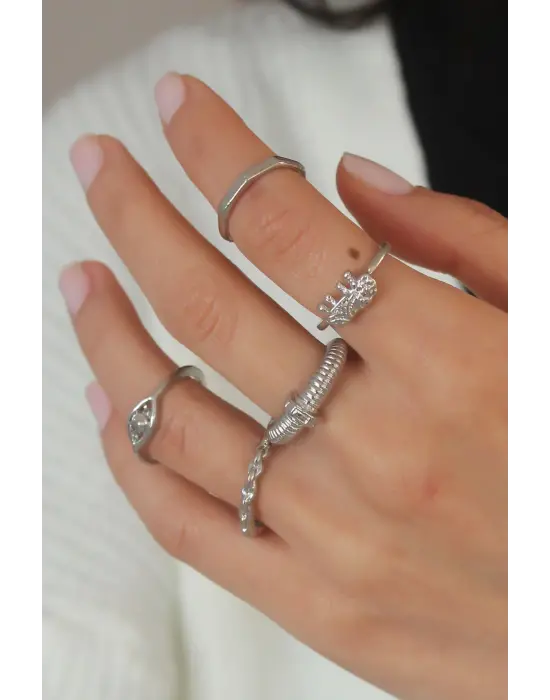Gümüş Renk Sarmal Model Kadın Yüzük Kombini