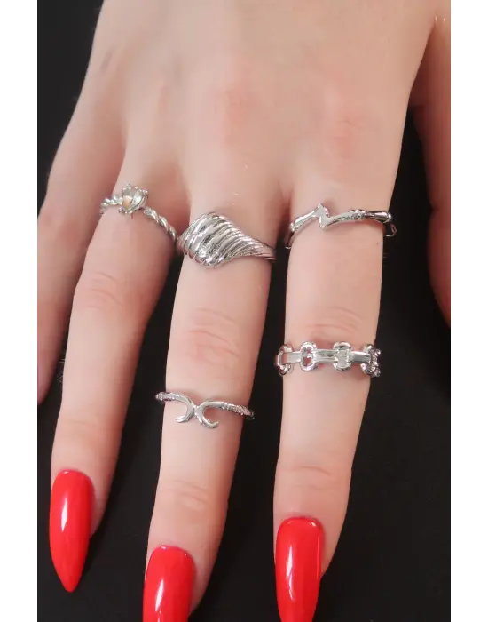 Gümüş Renk Sarmal Model Zirkon Taşlı Bayan Yüzük Kombin