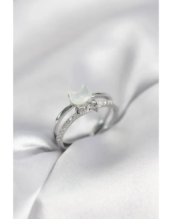 Gümüş Renk Sedefli Kedi Model Fiyonklu Zirkon Taşlı Kadın Yüzük