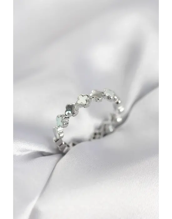 Gümüş Renk Sedefli Yonca Model Kadın Yüzük