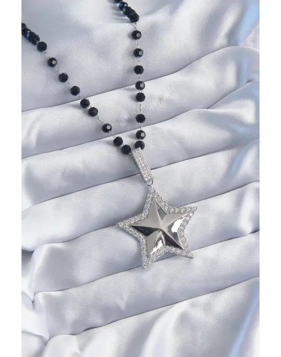 Gümüş  Siyah Boncuk Zirkon Taşlı Pirinç Yıldız Model VİP Seri  Çelik Kolye