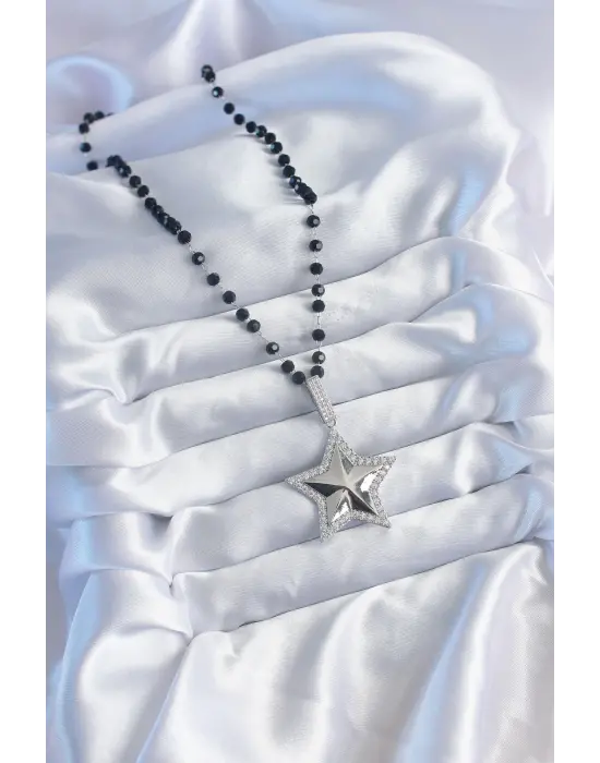 Gümüş  Siyah Boncuk Zirkon Taşlı Pirinç Yıldız Model VİP Seri  Çelik Kolye
