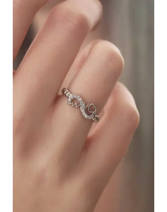 Gümüş Renk Sonsuzluk Kalp Ritmi Model Zirkon Taşlı Kadın Yüzük