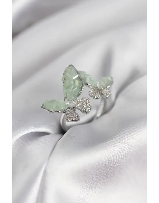 Gümüş Renk Su Yeşili Kelebek Model Zirkon Taşlı Kadın Yüzük