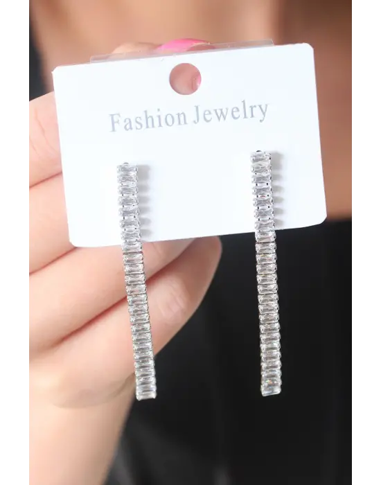 Gümüş Su Yolu Baget Zirkon Taşlı Çelik Küpe