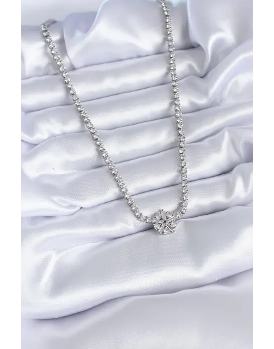 Gümüş  Su Yolu Zirkon Taş Model Kar Tanesi Figür  Çelik Kolye