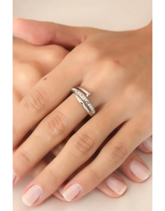 Gümüş Taşlı Çivi Ayarlanabilir Çelik Yüzük