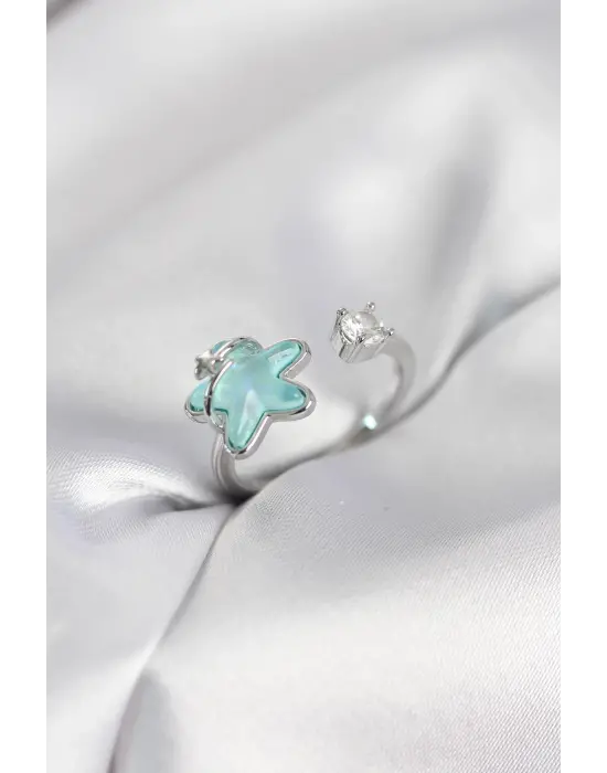 Gümüş Renk Turkuaz Yıldız Model Kadın Yüzük