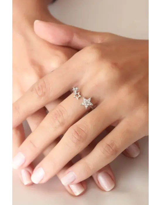 Gümüş Renk Yıldızlı Ayarlanabilir Kadın Yüzük