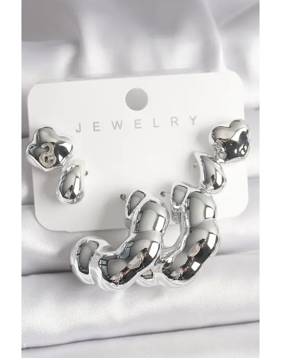 Gümüş Yonca Damla Halka Model CCB Plastik Çelik Küpe Seti