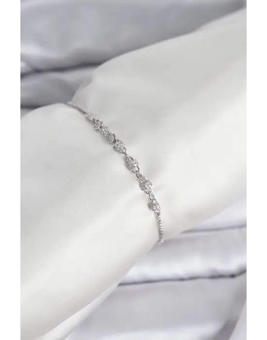 Gümüş Renk Zincir Model Zirkon Taşlı Pirinç Asansörlü Kadın Bileklik