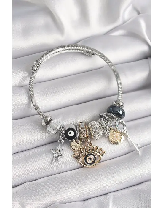 Gümüş Renk Zirkon Taş Nazar Boncuk Detay Göz Figür Charm Bileklik