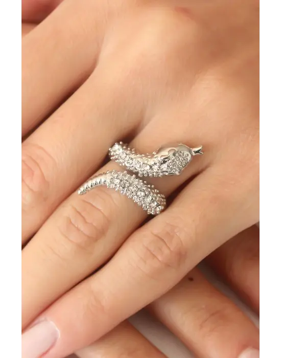 Gümüş Renk Zirkon Taşlı Ayarlanabilir Kadın Yılan Yüzük