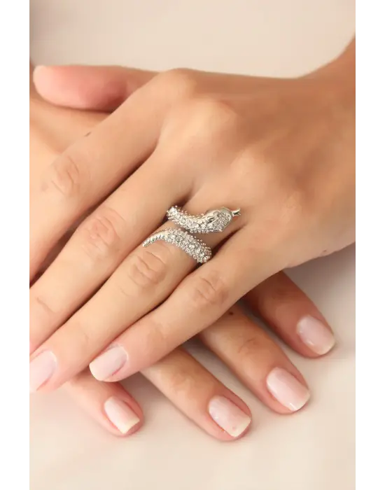 Gümüş Renk Zirkon Taşlı Ayarlanabilir Kadın Yılan Yüzük