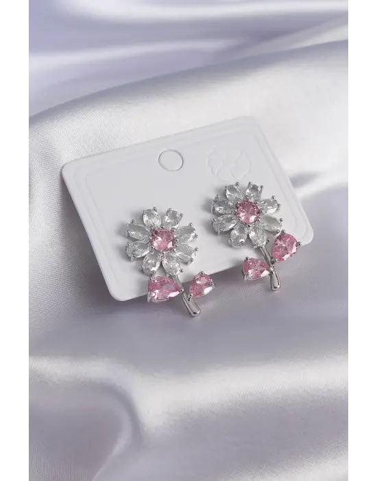 Gümüş Zirkon Taşlı Çiçek Model  Çelik Küpe