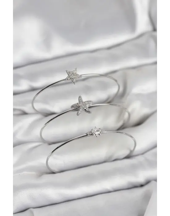 Gümüş Renk Zirkon Taşlı Deniz Yıldızı Model 3lü Kadın Bileklik Kombini