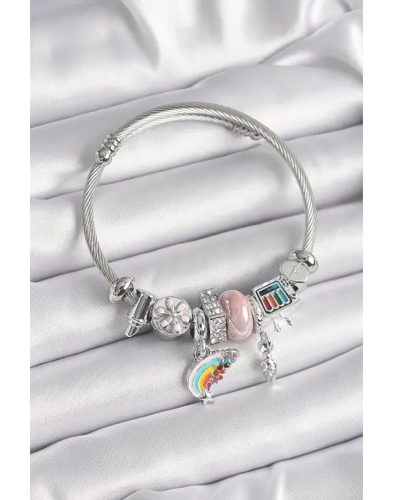 Gümüş Renk Zirkon Taşlı Gök Kuşağı Figür Charm Bileklik