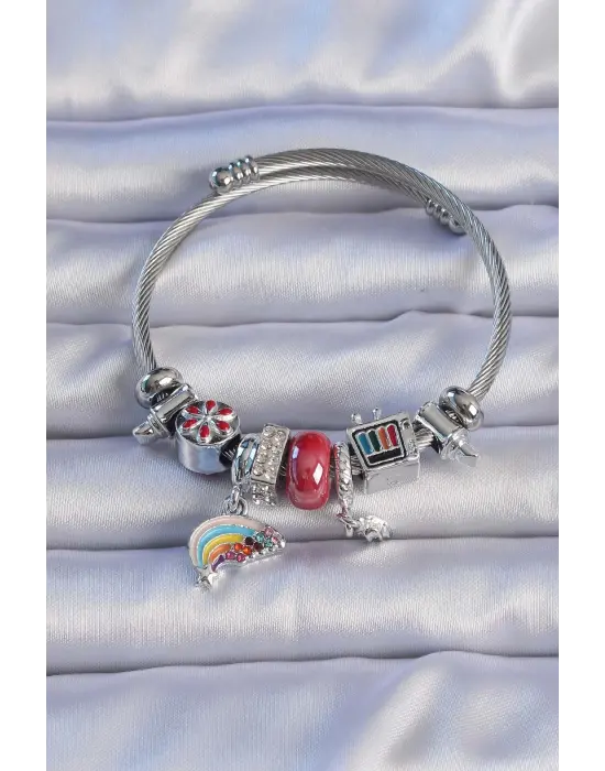 Gümüş Renk Zirkon Taşlı Gökkuşağı Tasarım Çiçekli Charm Bileklik