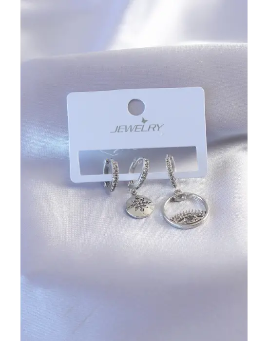 Gümüş Renk Zirkon Taşlı Göz Figür Kadın Küpe