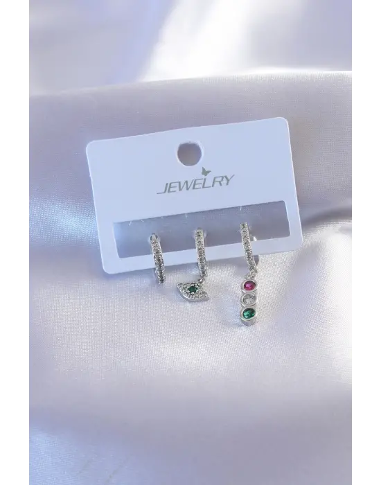 Gümüş Renk Zirkon Taşlı Göz Figür Kadın Küpe