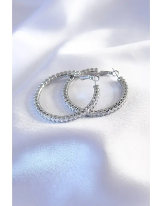 Gümüş Renk Zirkon Taşlı Halka Model Kadın Küpe