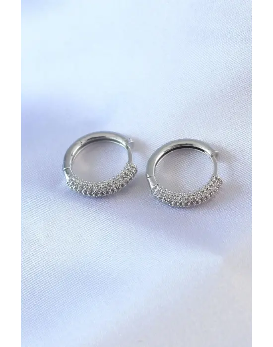 Gümüş Zirkon Taşlı Halka Model  Çelik Küpe