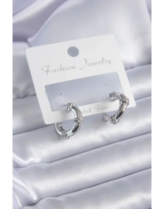 Gümüş Zirkon Taşlı Halka Model  Çelik Küpe