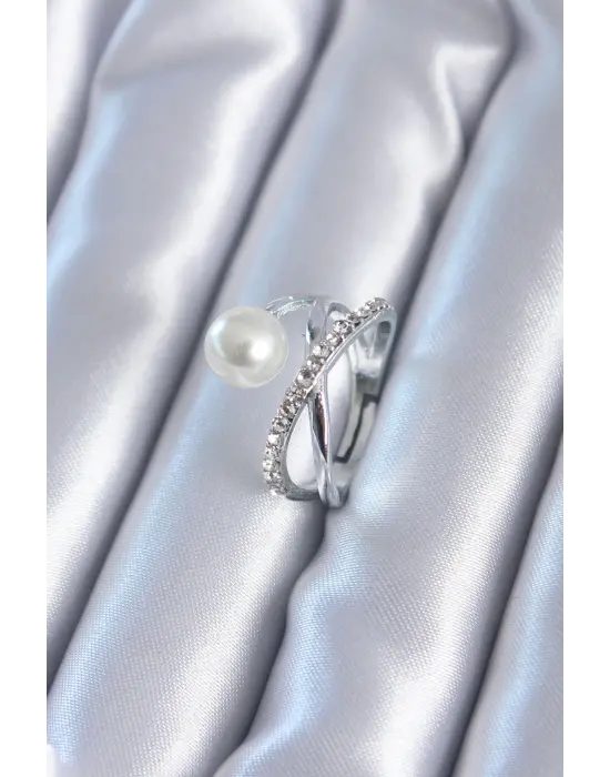 Gümüş Zirkon Taşlı İncili Çelik Yüzük