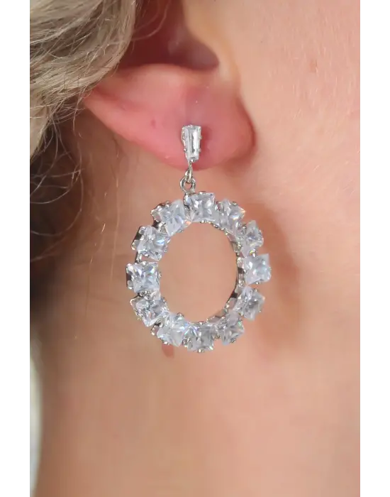 Gümüş Zirkon Taşlı Çelik Küpe