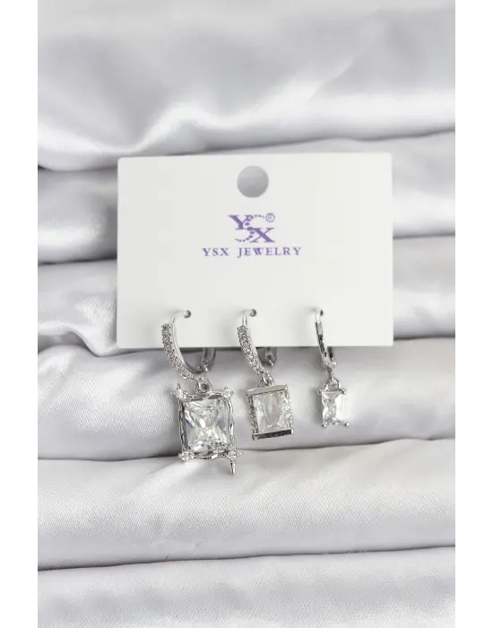 Üçlü Kare Baget Gümüş Renk Zirkon Taşlı Kadın Küpe