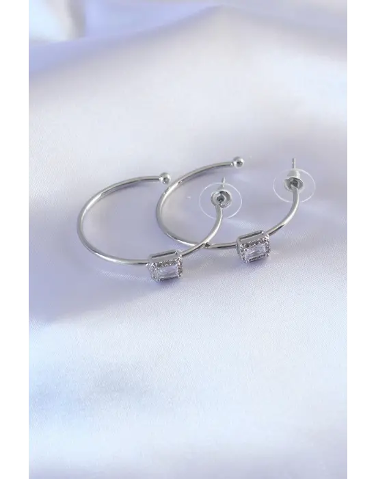 Gümüş Zirkon Taşlı Çelik Küpe