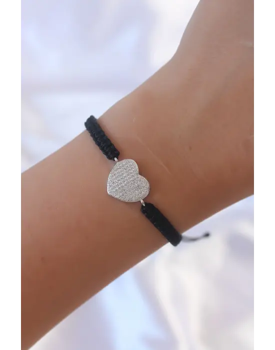 Gümüş Renk Zirkon Taşlı Kalp Figür Makrome Bileklik