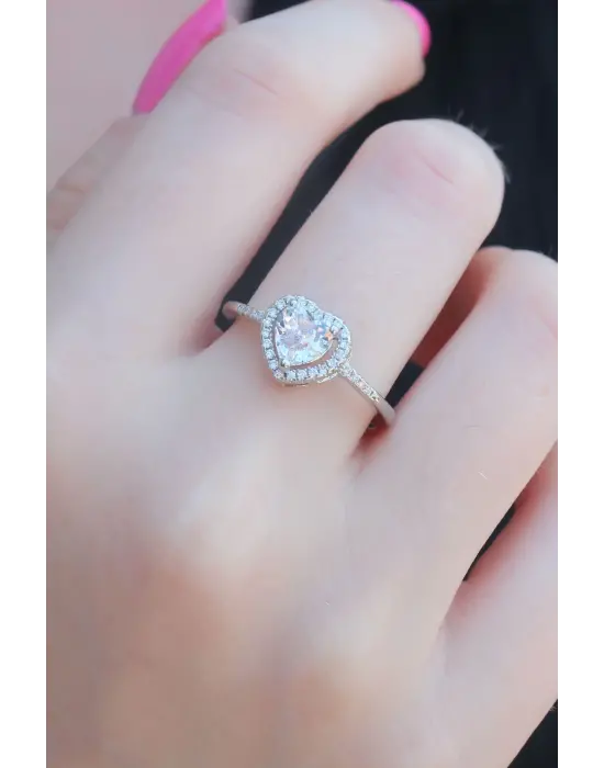 Gümüş Zirkon Taşlı Kalp Model Charm  Çelik Yüzük