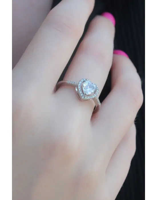 Gümüş Zirkon Taşlı Kalp Model Charm  Çelik Yüzük