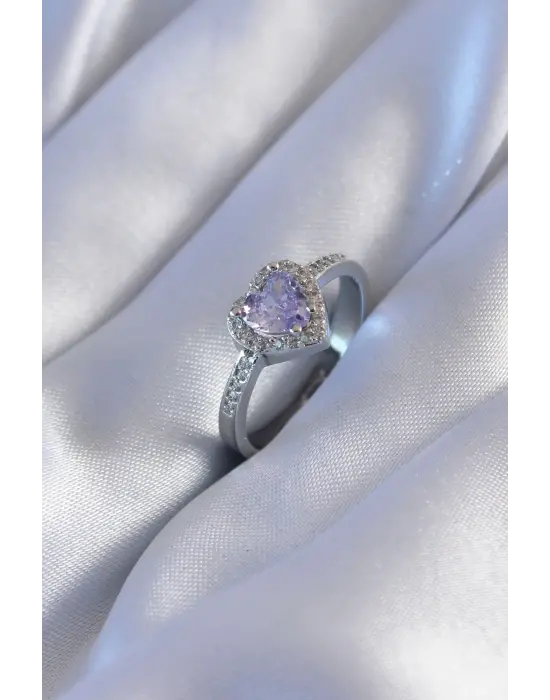 Gümüş Zirkon Taşlı Kalp Model  Charm Çelik Yüzük