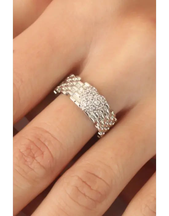 Gümüş Renk Zirkon Taşlı Kalpli Ayarlanabilir Kadın Yüzük