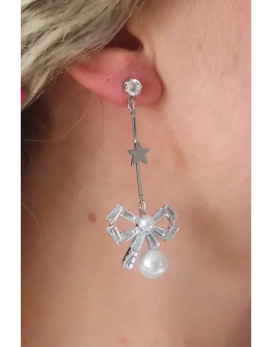 Gümüş Zirkon Taşlı Kurdele Model Yıldız Detay Çelik Küpe