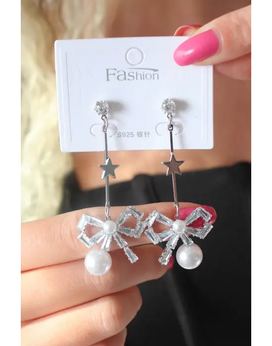 Gümüş Zirkon Taşlı Kurdele Model Yıldız Detay Çelik Küpe