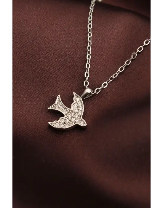 Gümüş Renk Zirkon Taşlı Kuş Kolye