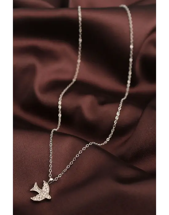 Gümüş Renk Zirkon Taşlı Kuş Kolye