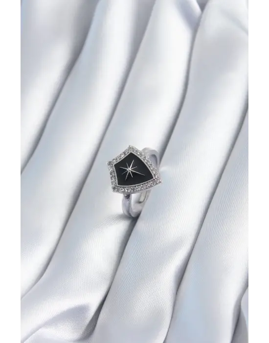 Gümüş Zirkon Taşlı Kutup Yıldızı İşleme Çelik Yüzük