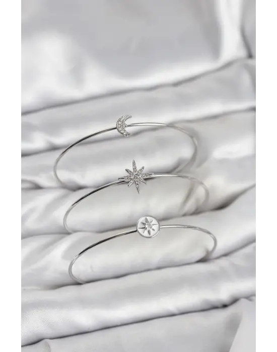 Gümüş Renk Zirkon Taşlı Kutup Yıldızı Model 3lü Kadın Bileklik Kombini