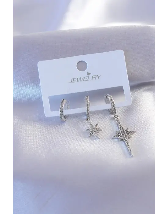 Gümüş Renk Zirkon Taşlı Kuyruklu Yıldız Model Kadın Küpe