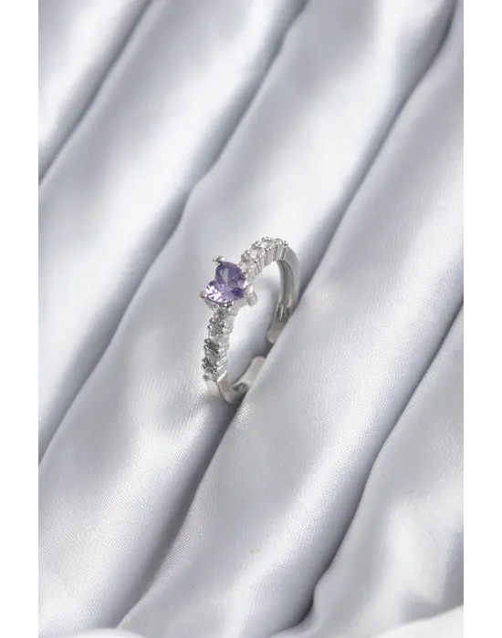 Gümüş Zirkon Taşlı Mor Kristal Kalp Model Çelik Yüzük